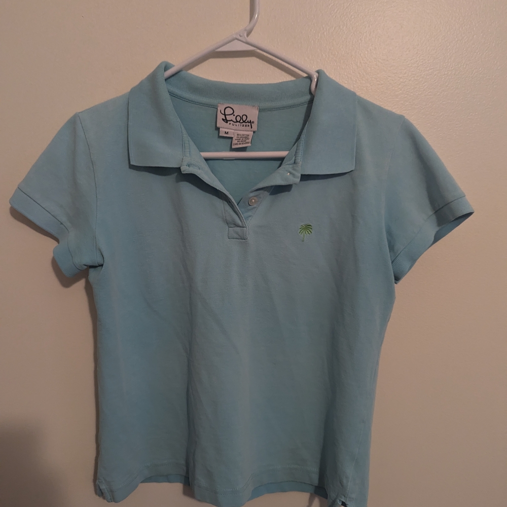GUC Lilly Pulitzer Shrunken Women's Polo Shirt Medium Blue Palm Tree